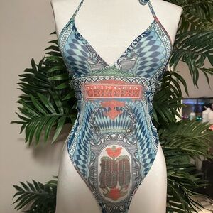 Blue and red bodysuit/onepeice swimsuit festival outfit/beachwear/halter